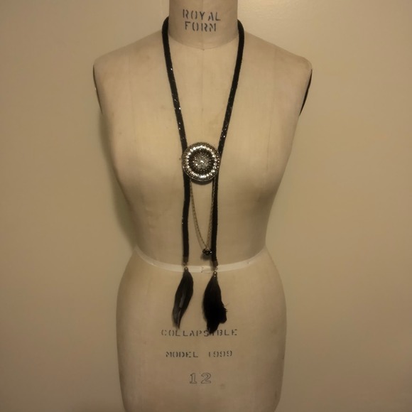 Iris Apfel & Bajalia  Black-Clear Rhinestone Feathered Beaded Statement Necklace - Picture 1 of 16